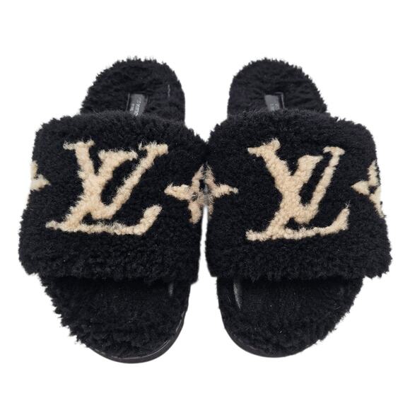 Louis Vuitton Paseo Shearling LV Monogram Flat Slide Sandal Black Size 40 US 10 - Picture 1 of 10